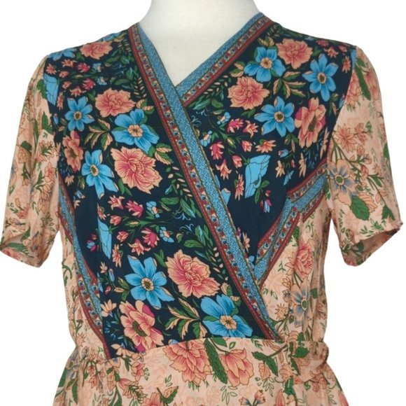 Ecowish Womens Medium Floral Boho Summer Wrap Dress Bohemian Peach Teal - Picture 3 of 5